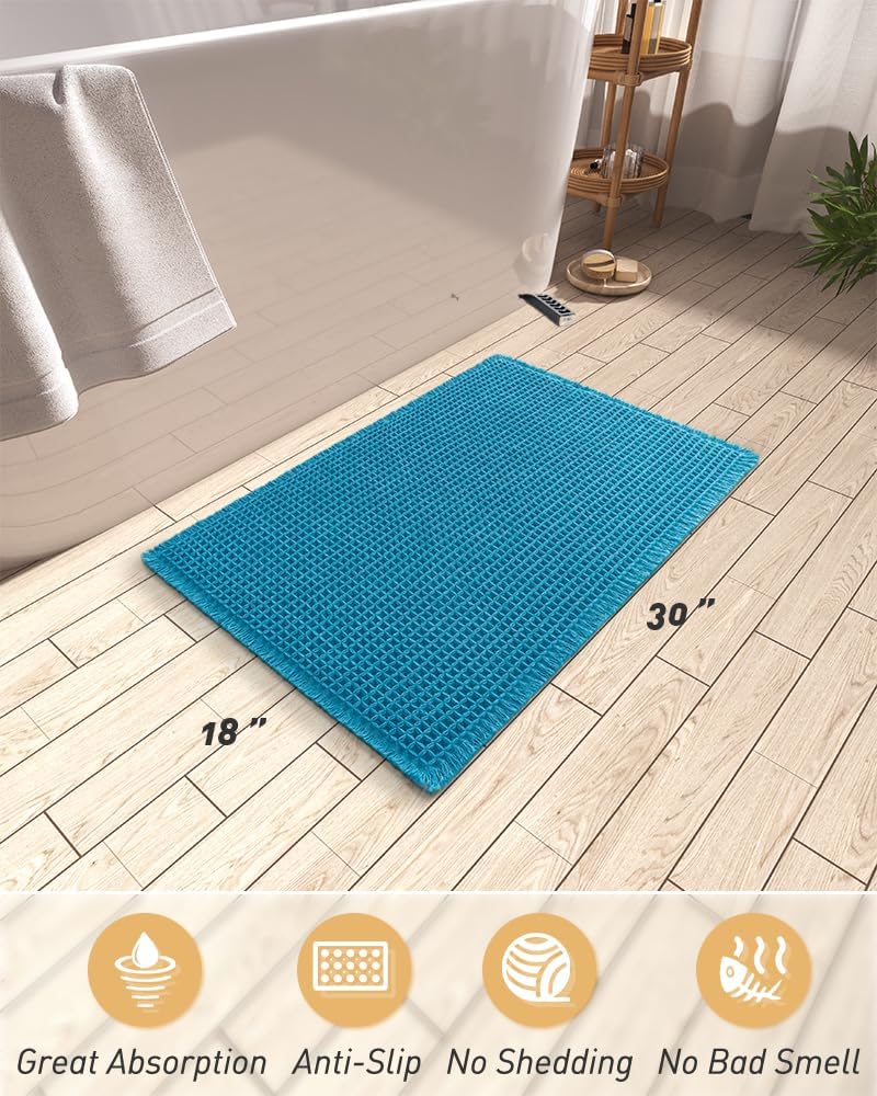 Upgraded Waffle Bath Mat, Super Absorbent Non Slip Mats for Bathroom Floor, Machine Washable Rugs with Tassels, Rubber Backed Mats, Ultra Soft, 18" x 30", Teal -
