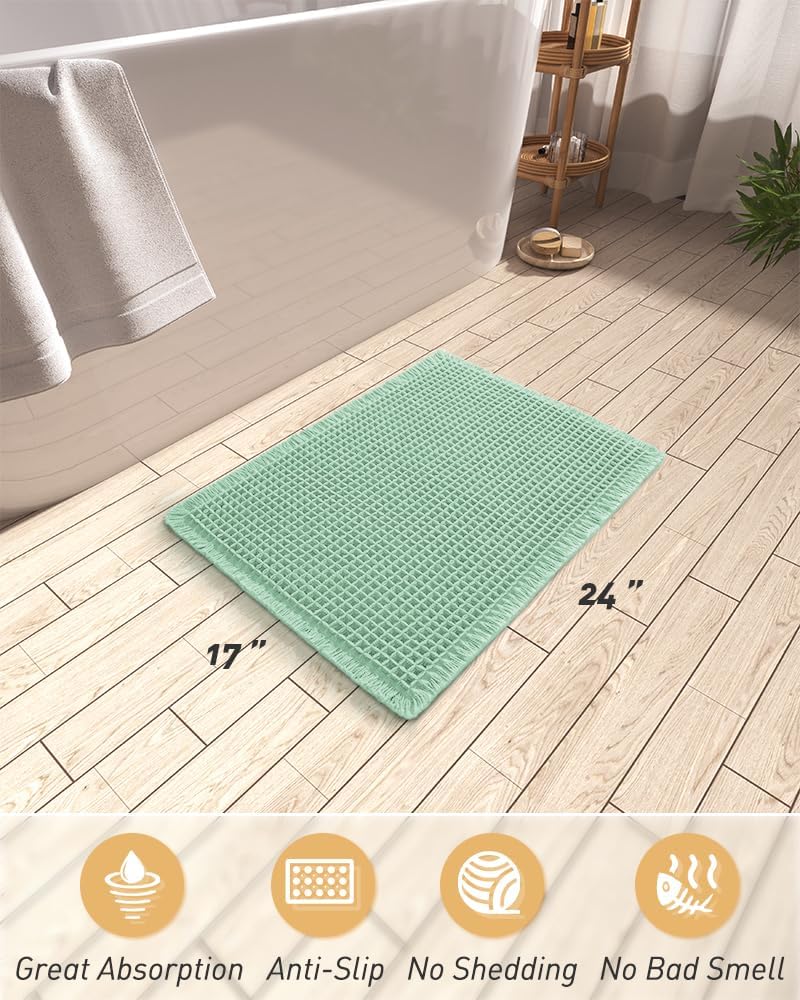 Upgraded Waffle Bath Mat, Super Absorbent Non Slip Mats for Bathroom Floor, Machine Washable Rugs with Tassels, Rubber Backed Mats, Ultra Soft, 17" x 24", Sage -