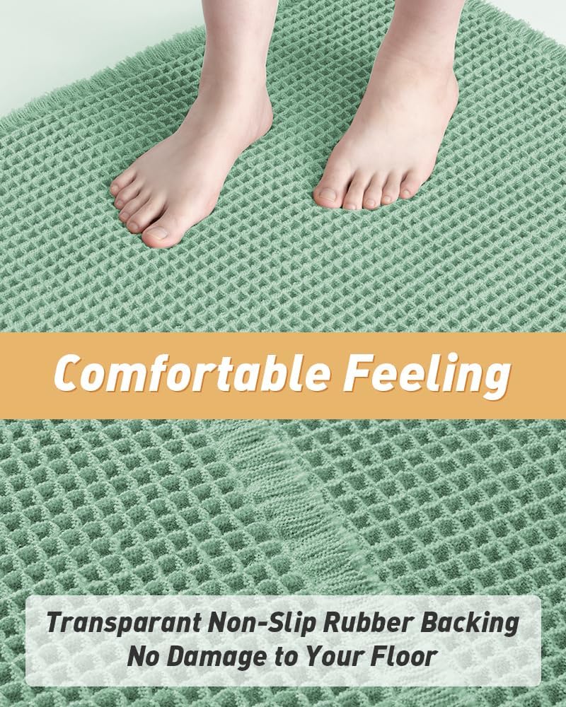Upgraded Waffle Bath Mat, Super Absorbent Non Slip Mats for Bathroom Floor, Machine Washable Rugs with Tassels, Rubber Backed Mats, Ultra Soft, 17" x 24", Sage -