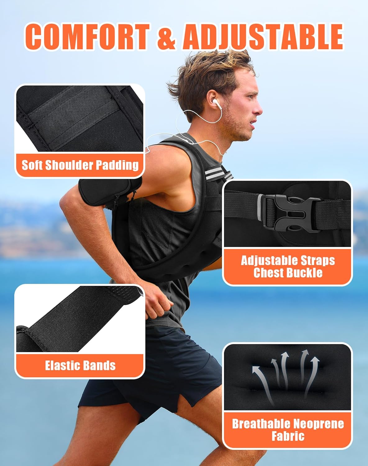 Weighted Vest for Men and Women, 5lb/10lb/15lb/20lb/25lb/30lb Adjustable Weight with Reflective Strips - Strength Training, Running, Fitness, Muscle Building, Loss Gear Black 10 lbs