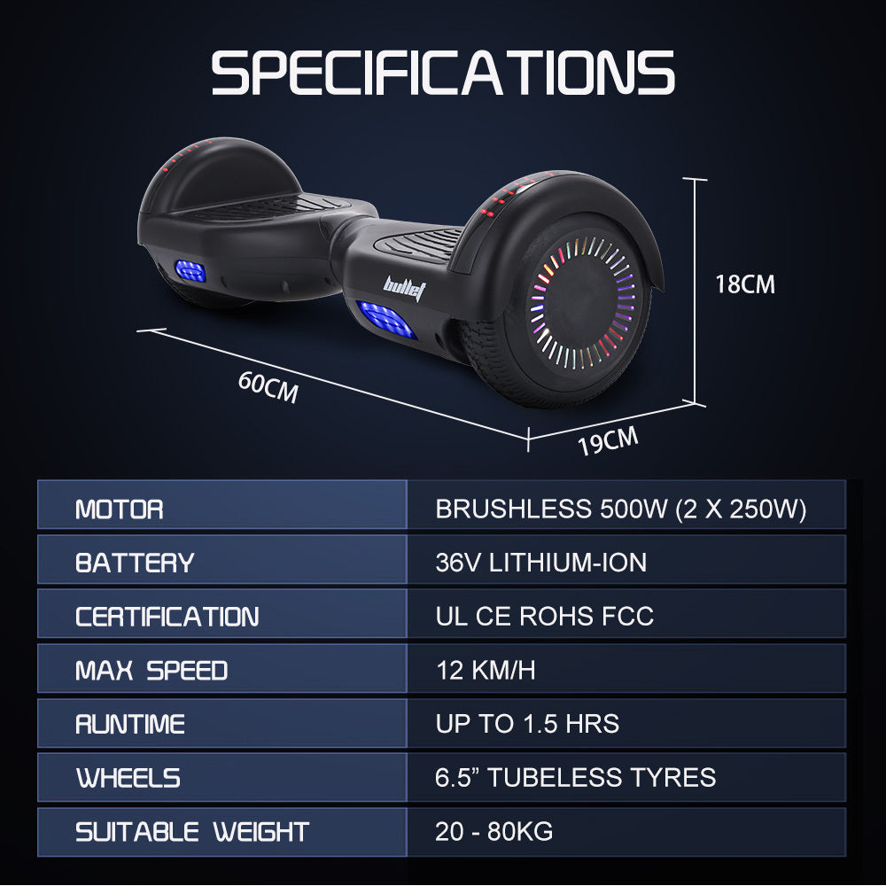 BULLET SX-2000 Hoverboard Scooter, 500W Brushless, UL Certified, AU Compliant, Superior Self Balancing System, LED Lights, Black