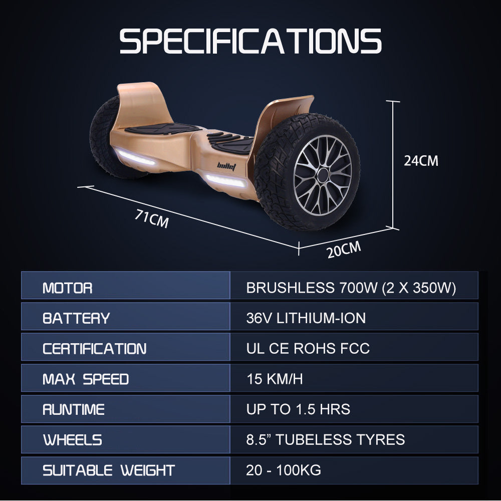 BULLET SX-4000 Hoverboard Scooter, 700W Brushless, UL Certified, AU Compliant, 8.5" Wheels, Superior Self Balancing System, LED Lights, Carry Bag, Bronze