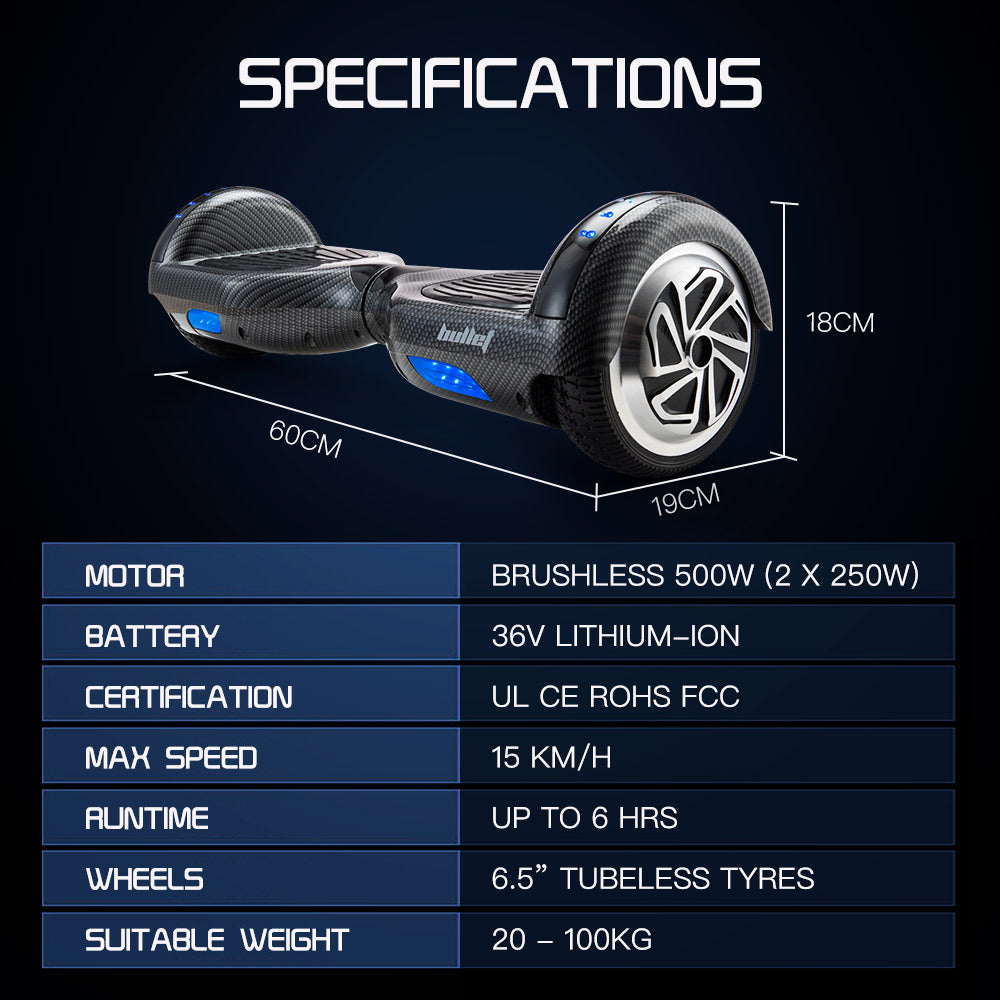 BULLET Gen III Hoverboard Scooter, Dual Copper Motors, UL Certified, AU Compliant, 6.5" Wheels, Superior Self Balancing System, LED Lights, Carbon Fiber style