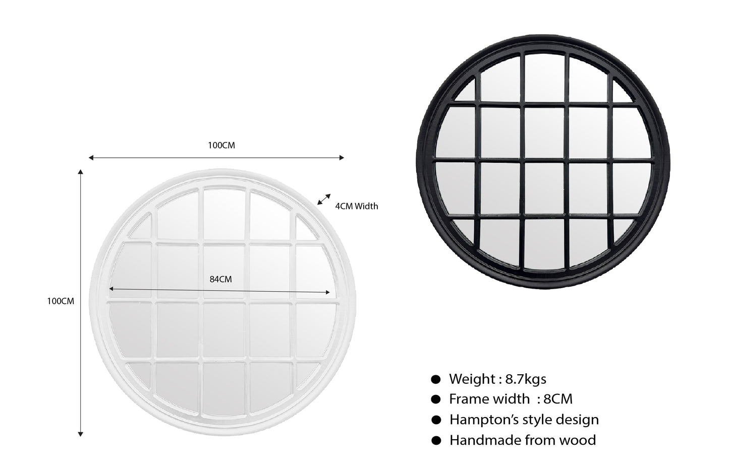 Window Style Mirror - White Circle 100cm