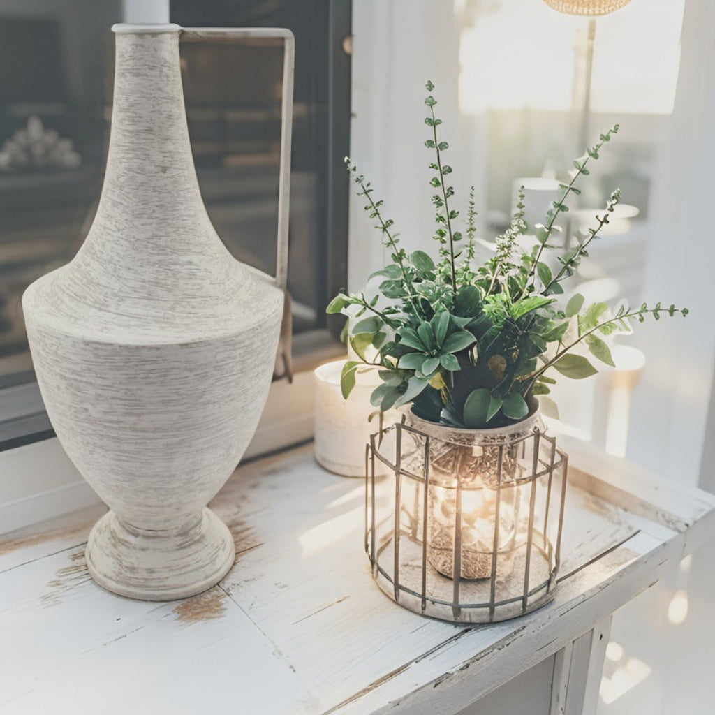Brushed White Urn w Linear Handle 44cm