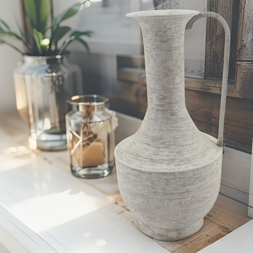 Brushed White Urn w Rounded Handle 39cm