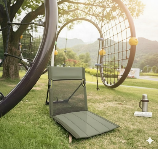 Portable Ground Chair with Back Support - Foldable Outdoor Floor Seat with Sturdy Iron Frame - Dark Green Oxford Fabric for Picnics, Festivals & Camping