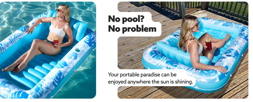 180x118CM Blue Transparent Inflatable Suntan Tub & Floating Pool Lounger with Dual Integrated Cup Holders and Pillow - Portable Sunbathing Pool for Lawn & Water