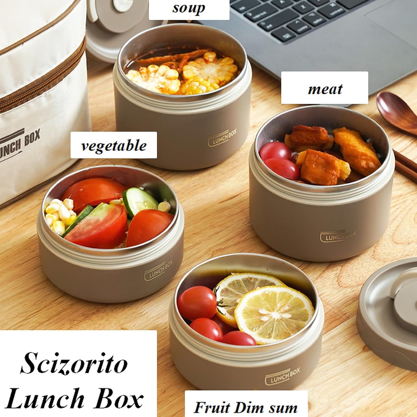 4-Pack Beige 304 Stainless Steel Microwave-Safe Lunch Box Set - Stackable Insulated Bento Containers for Office & School