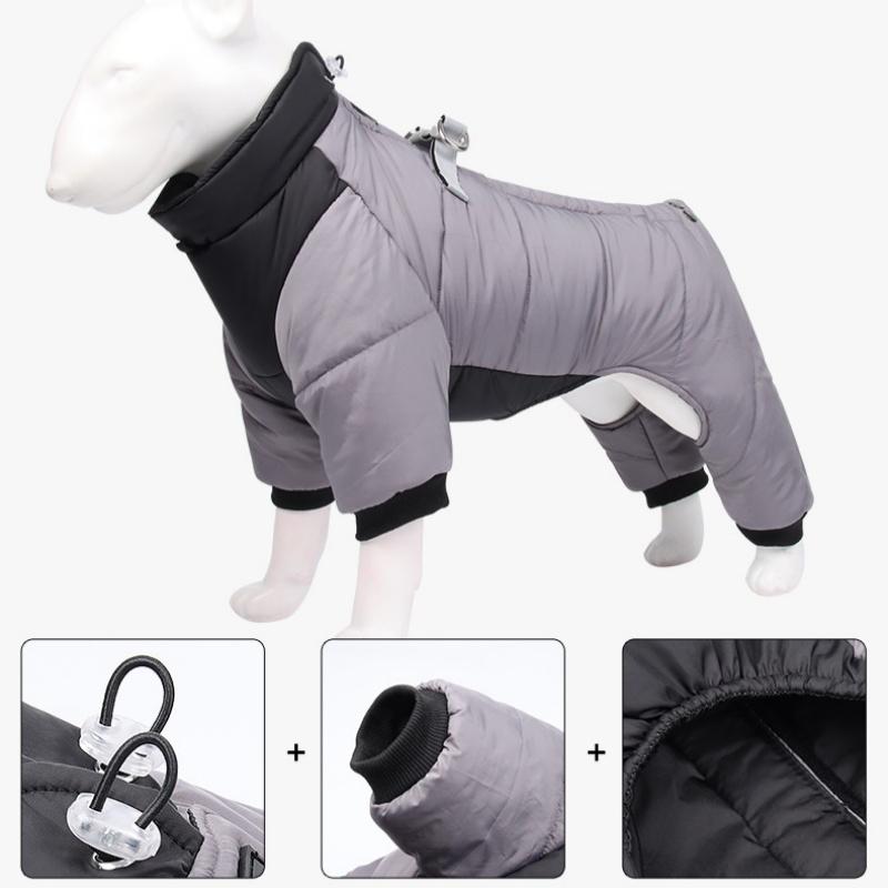 XL Size Grey Winter Waterproof Dog 4 Leg Jumpsuit for Full Body Warmth - Reflective Windproof Pet Puffer Coat with Integrated Harness