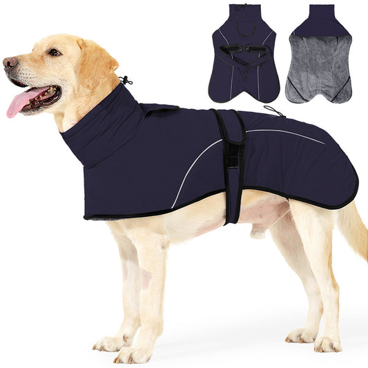 3XL Size Dark Blue Winter Waterproof Dog Puffer Vest with Adjustable Neckline / Belt and Leash Access - Reflective Long-Pile Fleece Lined Warm Cloak