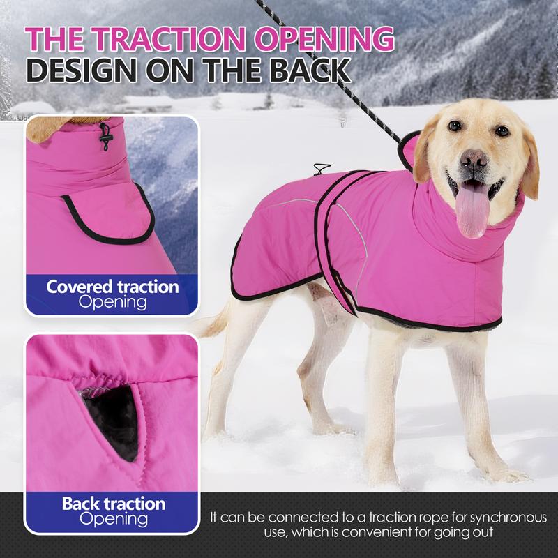 3XL Size Dark Blue Winter Waterproof Dog Puffer Vest with Adjustable Neckline / Belt and Leash Access - Reflective Long-Pile Fleece Lined Warm Cloak