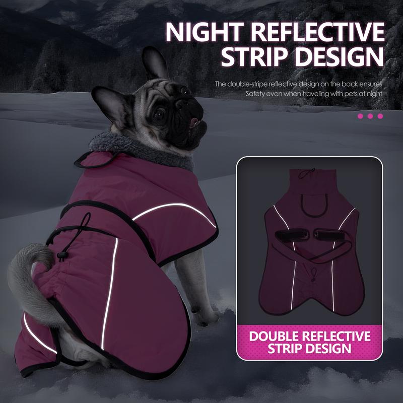 3XL Size Dark Blue Winter Waterproof Dog Puffer Vest with Adjustable Neckline / Belt and Leash Access - Reflective Long-Pile Fleece Lined Warm Cloak