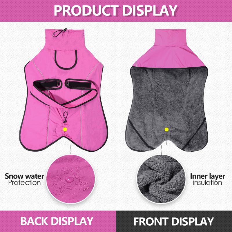 3XL Size Dark Blue Winter Waterproof Dog Puffer Vest with Adjustable Neckline / Belt and Leash Access - Reflective Long-Pile Fleece Lined Warm Cloak