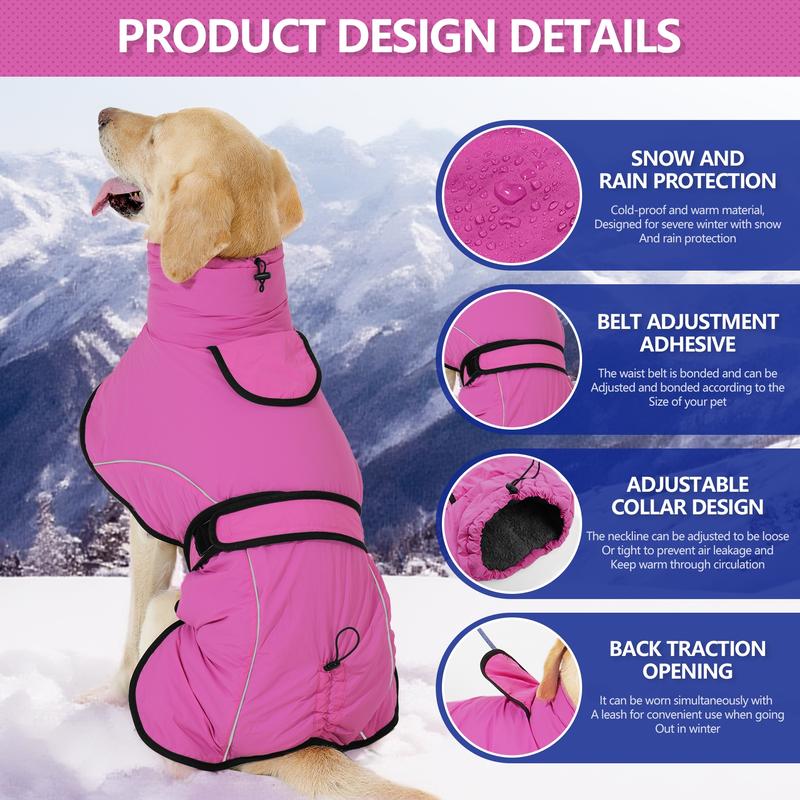 XL Size Rose Red Winter Waterproof Dog Puffer Vest with Adjustable Neckline / Belt and Leash Access - Reflective Long-Pile Fleece Lined Warm Cloak