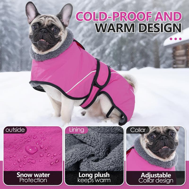 XL Size Rose Red Winter Waterproof Dog Puffer Vest with Adjustable Neckline / Belt and Leash Access - Reflective Long-Pile Fleece Lined Warm Cloak