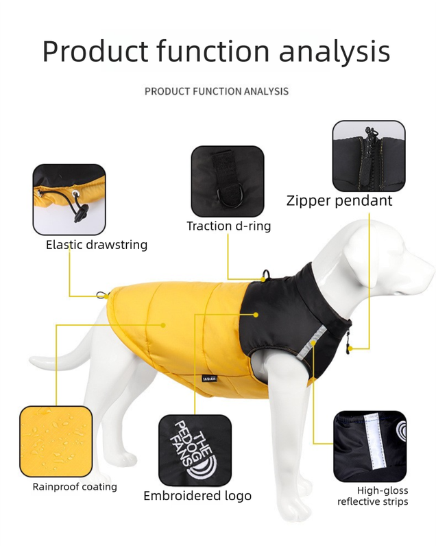 Yellow  L  Size  Dog Clothing — Warm, Thickened Cotton Jacket for Autumn & Winter; Waterproof Pet Vest — Reflective Safety Design, Leash-Compatible
