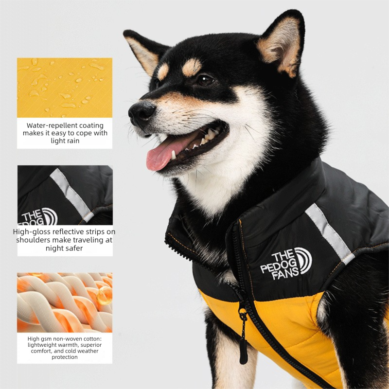 Yellow  L  Size  Dog Clothing — Warm, Thickened Cotton Jacket for Autumn & Winter; Waterproof Pet Vest — Reflective Safety Design, Leash-Compatible