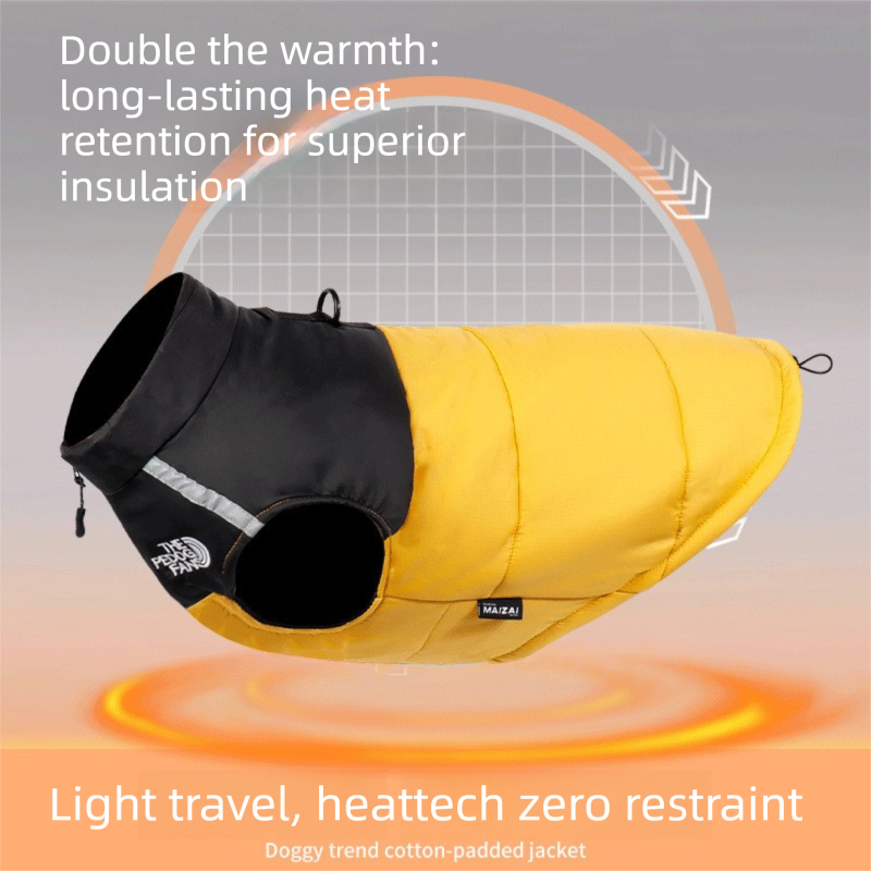 Yellow  2XL  Size  Dog Clothing — Warm, Thickened Cotton Jacket for Autumn & Winter; Waterproof Pet Vest — Reflective Safety Design, Leash-Compatible