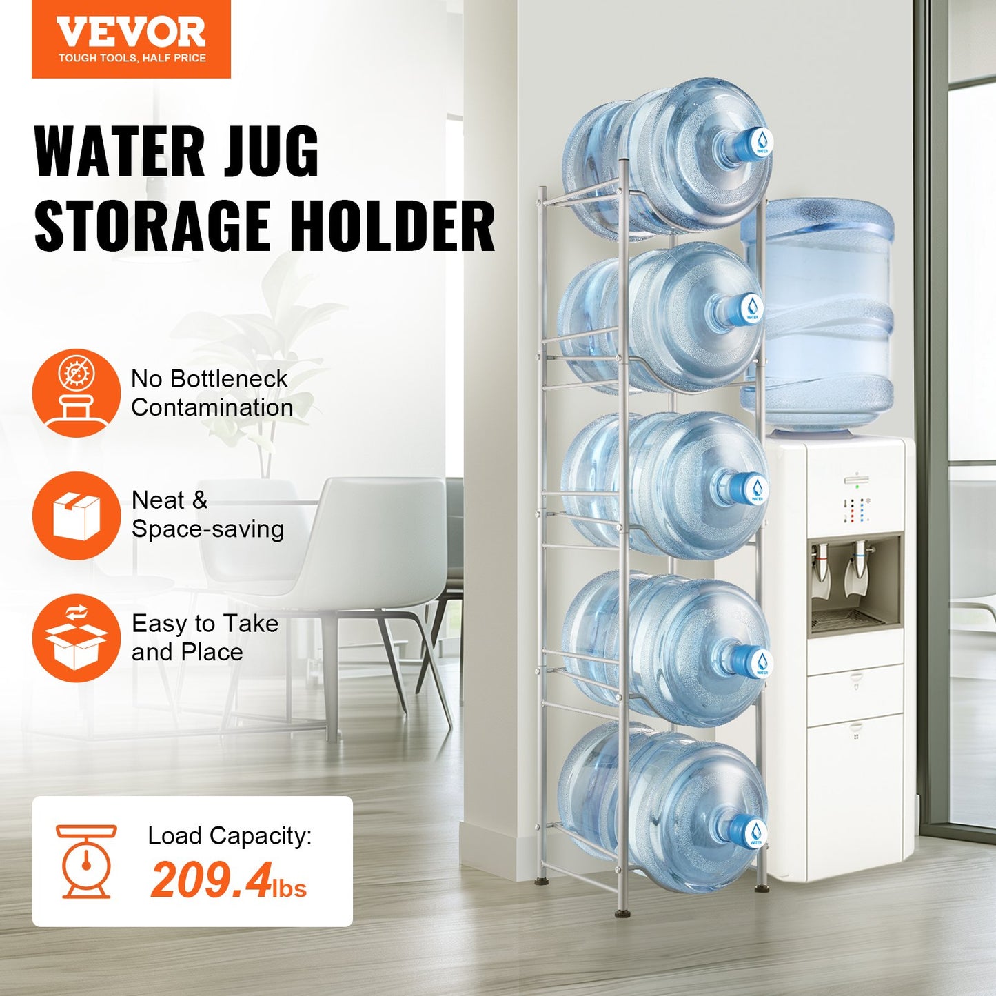 VEVOR 5 Tiers Water Jug Holder, 5 Gallon Water Bottle Holder, Single Row Water Bottle Rack for 5 Bottles, Heavy Duty Water Jug Rack for Kitchen, Office, Living Room, Silver