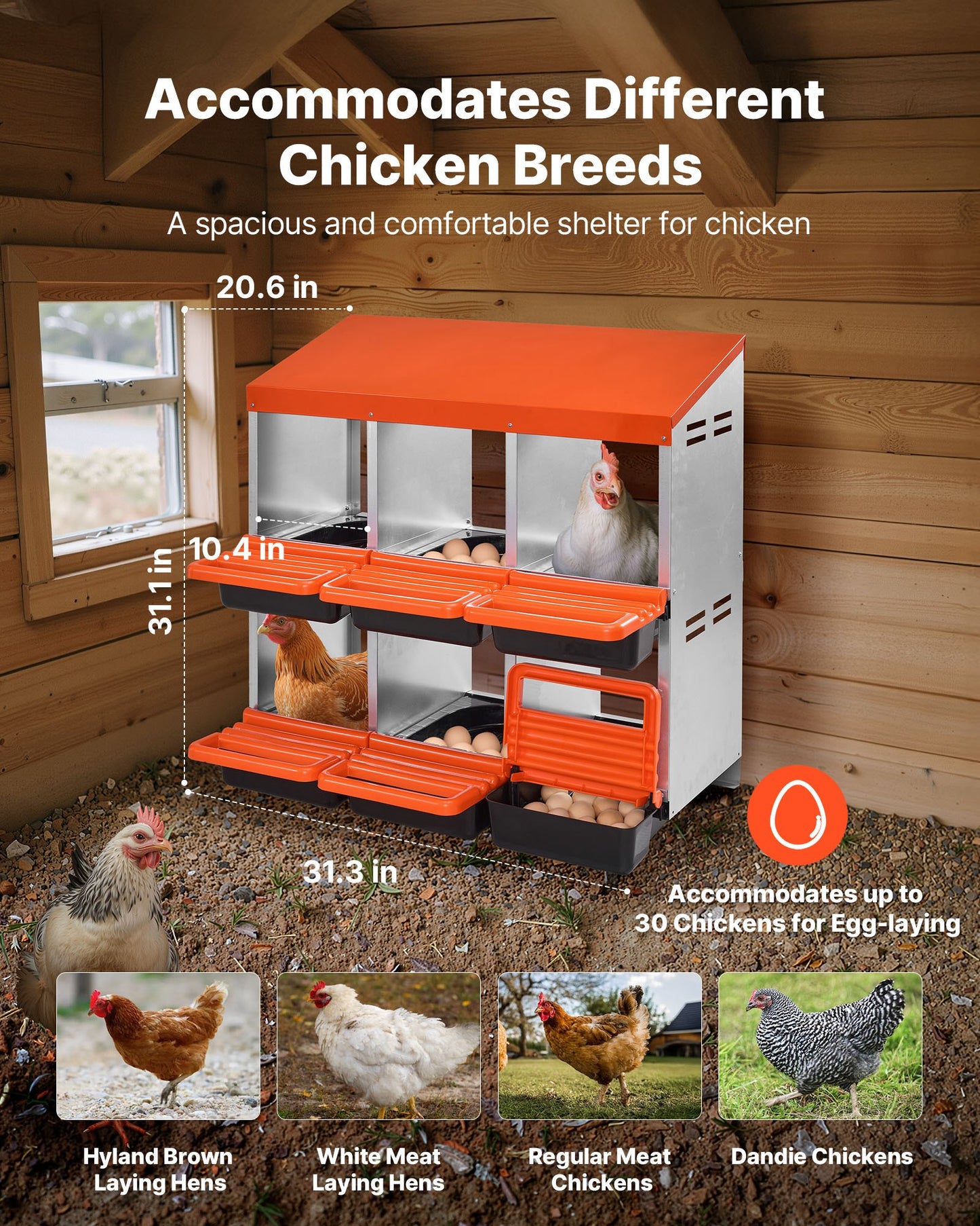 VEVOR 2 Tiers Chicken Nesting Boxes, 6 Compartments, Metal Egg Laying Boxes with Protective Collection Lids, Roll Out Nesting Box, Easy to Assemble, Ideal for Hens, Ducks, Chickens, and Other Poultry