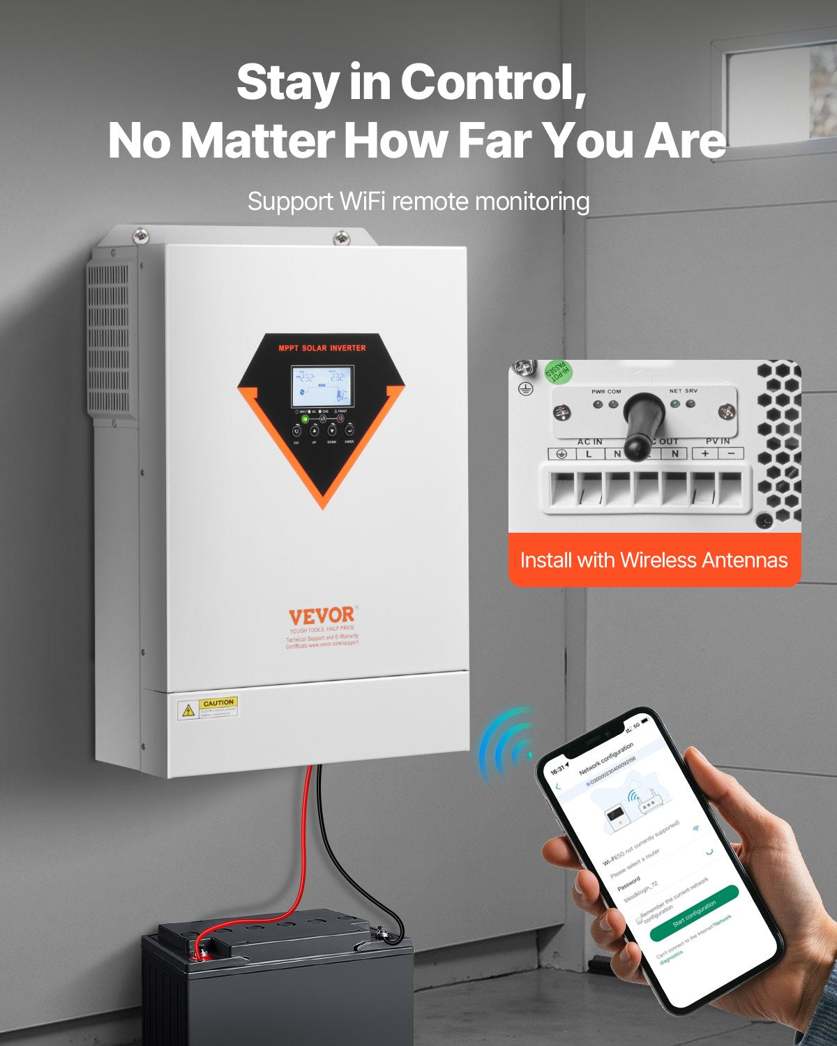 VEVOR Hybrid Solar Inverter, 6000W, All in One Pure Sine Wave Power Inverter Charger, 220V AC, with Built-in 120A MPPT Solar Charger Controller, for Off-Grid System Lead Acid Lithium Battery