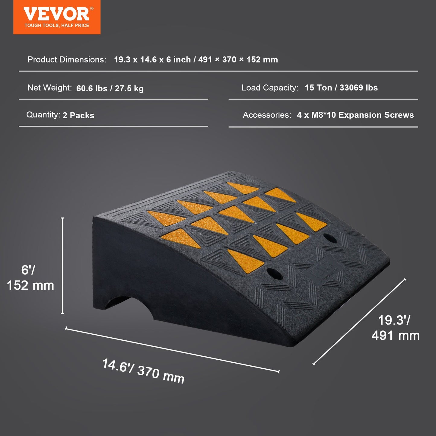 VEVOR Rubber Curb Ramp 2 Pack, 15.2 cm Rise Height Heavy-Duty 15 tons Load Capacity Threshold Ramps, Driveway Ramps with Stable Grid Structure for Cars, Wheelchairs, Bikes, Motorcycles