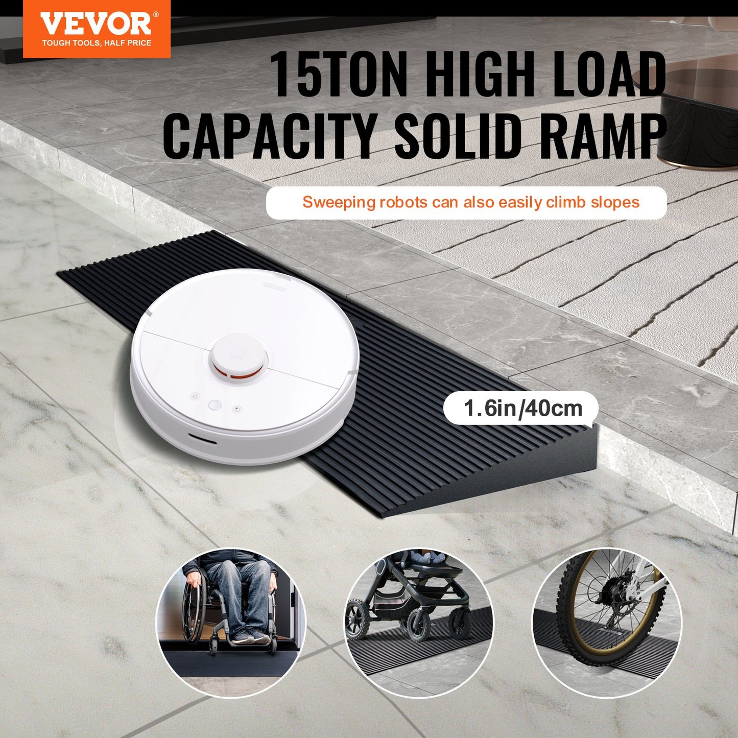 VEVOR 4 cm Rise Cuttable Threshold Ramp for Sweeping Robot, 90 cm Wide Natural Rubber Wheelchair Ramp, Non-Slip Solid Rubber Ramp with Double-Sided Tape for Doorways, Driveways, Bathroom, Smooth Tile