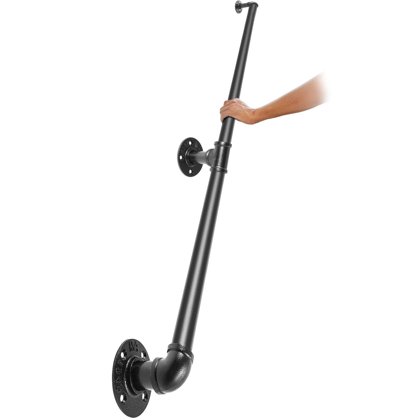 VEVOR Pipe Stair Handrail, 7FT Staircase Handrail, 440LBS Load Capacity Carbon Steel Pipe Handrail, Industrial Pipe Handrail with Wall Mount Support, Round Corner Wall Handrailings for Indoor, Outdoor