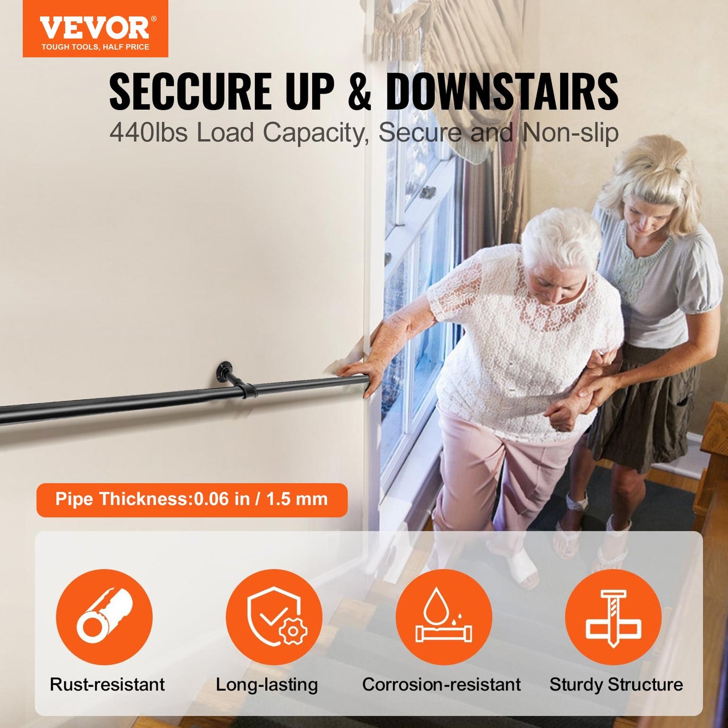 VEVOR Pipe Stair Handrail, 7FT Staircase Handrail, 440LBS Load Capacity Carbon Steel Pipe Handrail, Industrial Pipe Handrail with Wall Mount Support, Round Corner Wall Handrailings for Indoor, Outdoor