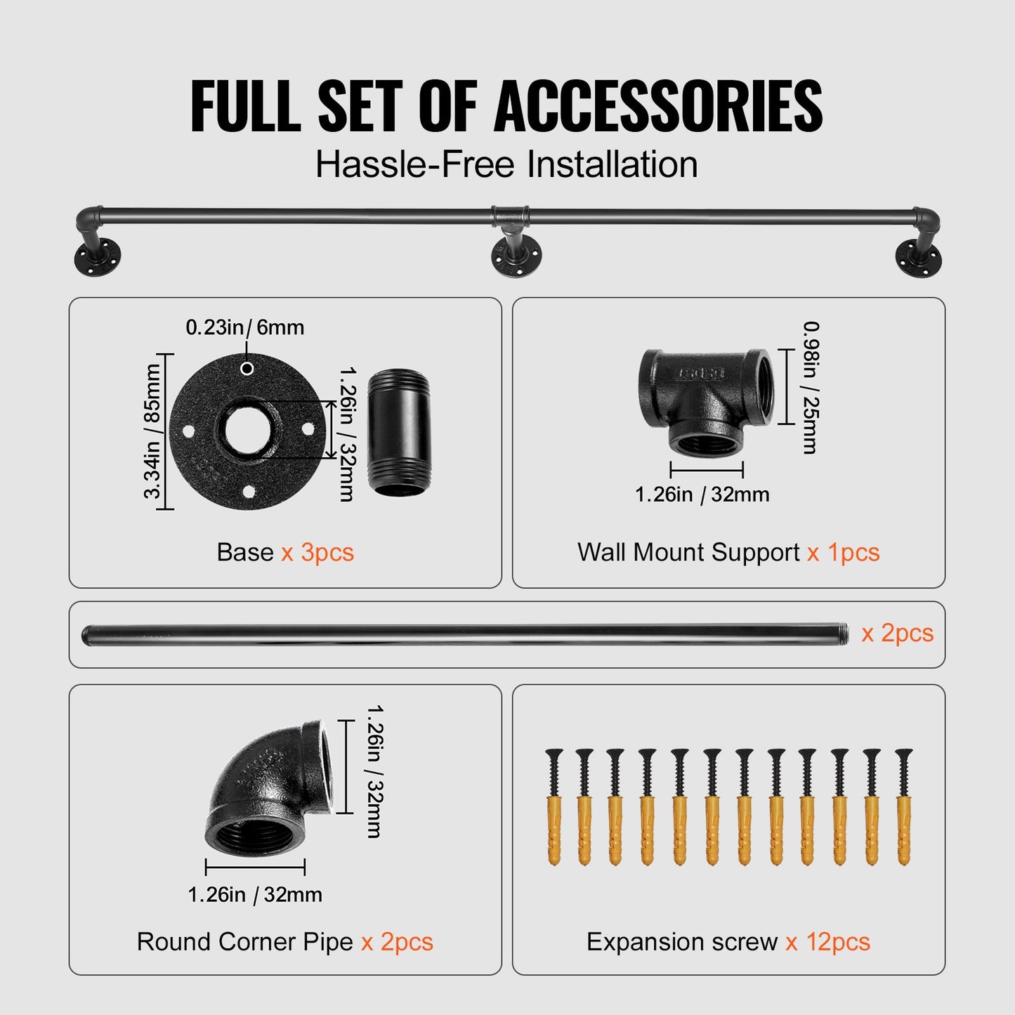VEVOR Pipe Stair Handrail, 7FT Staircase Handrail, 440LBS Load Capacity Carbon Steel Pipe Handrail, Industrial Pipe Handrail with Wall Mount Support, Round Corner Wall Handrailings for Indoor, Outdoor