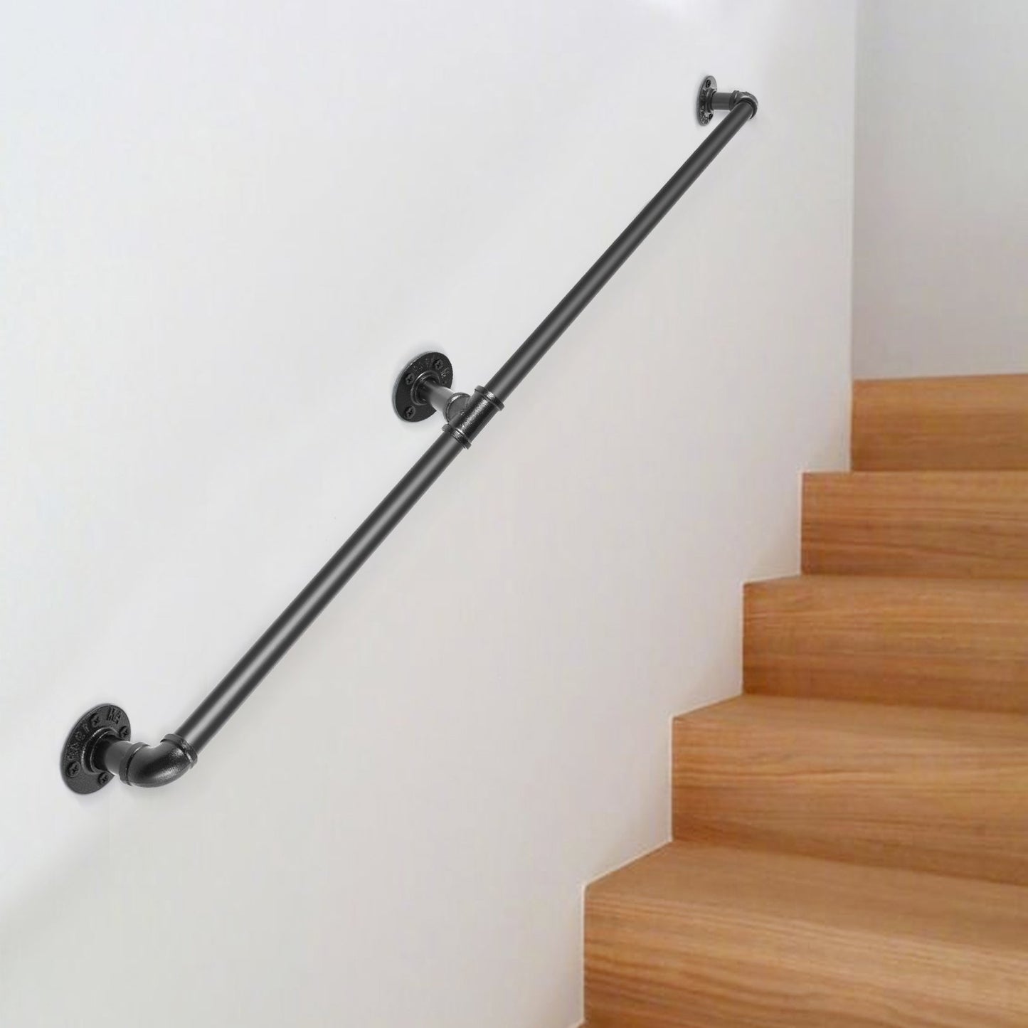 VEVOR Pipe Stair Handrail, 7FT Staircase Handrail, 440LBS Load Capacity Carbon Steel Pipe Handrail, Industrial Pipe Handrail with Wall Mount Support, Round Corner Wall Handrailings for Indoor, Outdoor