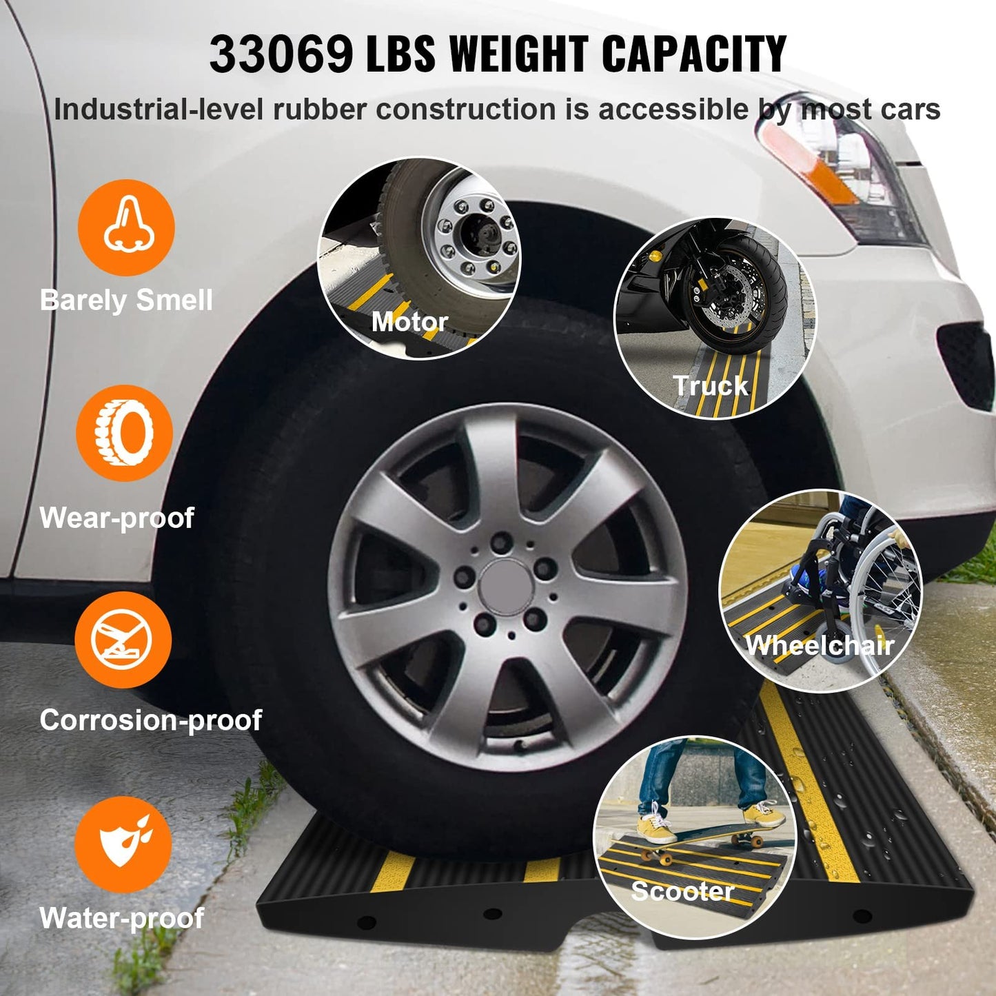 VEVOR Curb Ramp, 2 Pack, 6.5 cm Rise, Rubber Driveway Ramps, Heavy Duty 15 tons Weight Capacity Threshold Ramp, Curbside Bridge Ramps for Loading Dock Garage Sidewalk, Expandable Full Ramp Set