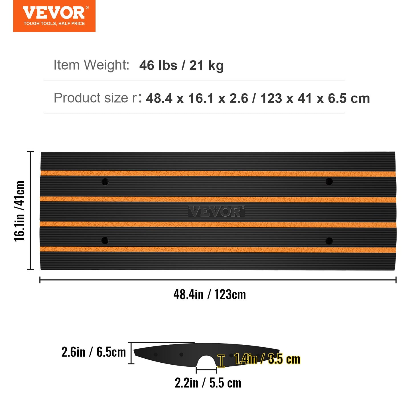 VEVOR Curb Ramp, 2 Pack, 6.5 cm Rise, Rubber Driveway Ramps, Heavy Duty 15 tons Weight Capacity Threshold Ramp, Curbside Bridge Ramps for Loading Dock Garage Sidewalk, Expandable Full Ramp Set